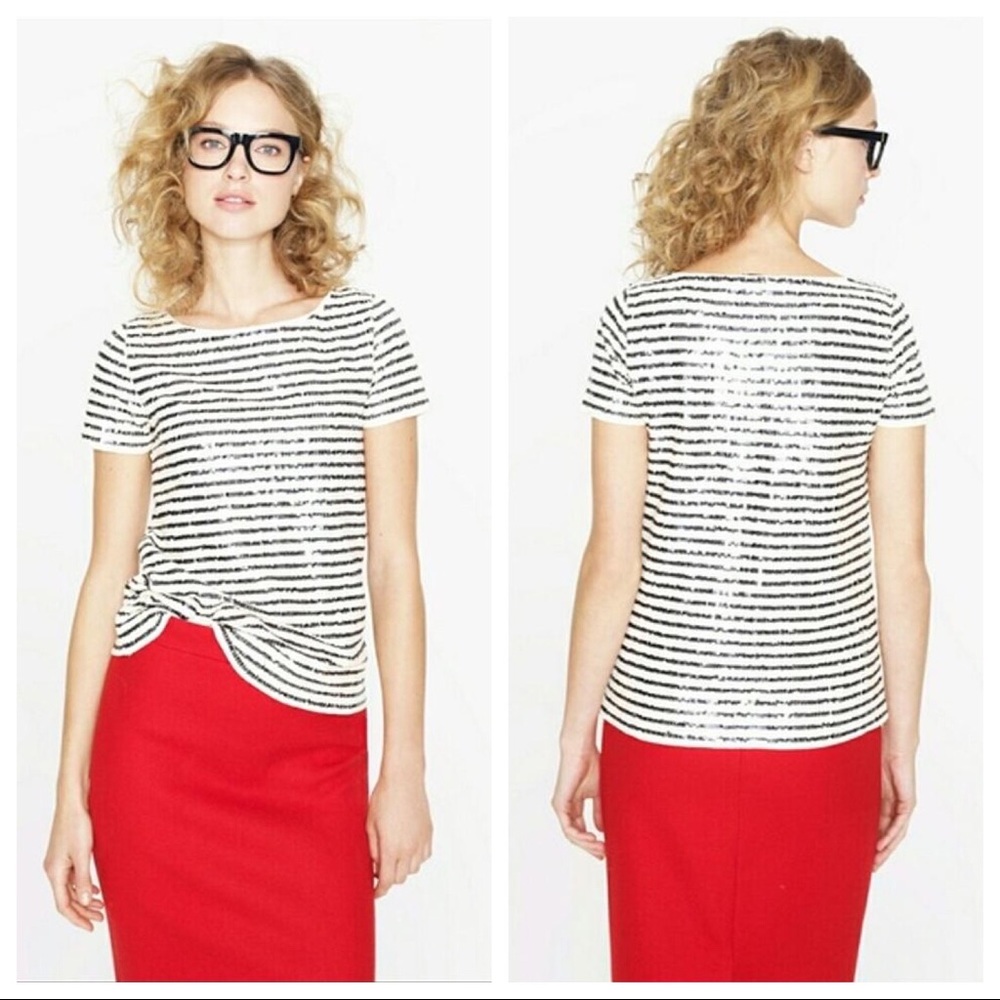 J. Crew Sequin Stripe Tee Black Ivory Small